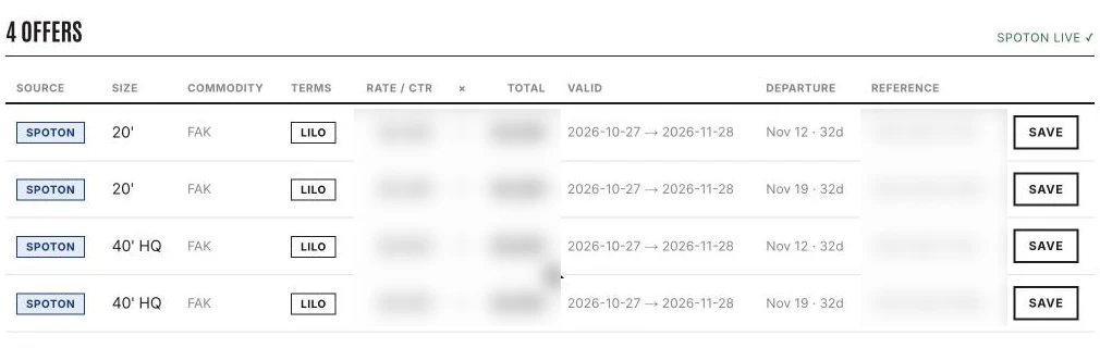 CMA CGM offers on the Search Rates tab, with the Save button on each row